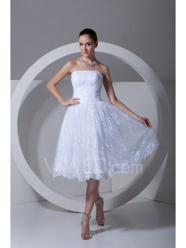 Satin and Lace Strapless Knee Length Corset Wedding Dress
