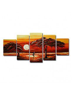 Pintados à mão pintura a óleo da paisagem com moldura esticado-conjunto de 5