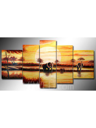 Arican landskap handmålad oljemålning med sträckt ram-set om 5