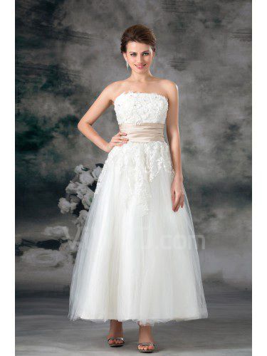 Net Strapless Ankle-Length A-line Embroidered Wedding Dress