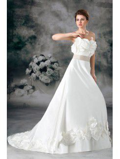 Satin Strapless Sweep Train A-line Hand-made Flowers Wedding Dress
