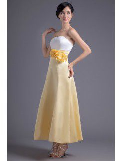 Satin Strapless A-line Ankle-Length Hand-made Flowers Evening Dress