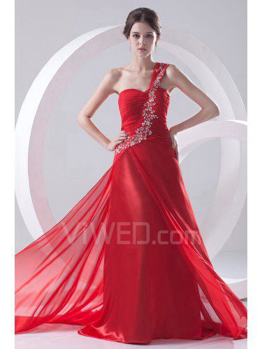 Chiffon One-Shoulder A-line Sweep Train Embroidered Evening Dress