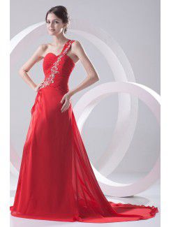 Chiffon One-Shoulder A-line Sweep Train Embroidered Evening Dress
