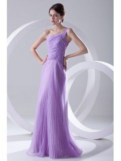 Organza One-Shoulder Column Floor-Length Crisscross Ruched Evening Dress