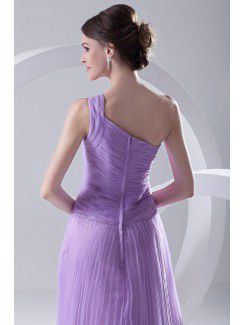 Organza One-Shoulder Column Floor-Length Crisscross Ruched Evening Dress