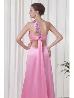 Satin One-Shoulder A-line Sweep train Directionally Ruched Evening Dress