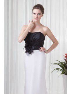 Satin Strapless Sheath Floor Length Hand-made Flower Evening Dress
