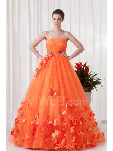 Satin and Net Strapless A-line Floor Length Embroidered Evening Dress