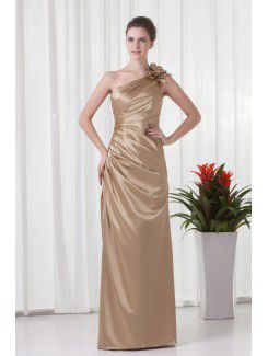Satin Asymmetrical Sheath Floor Length Gathered Ruched Evening Dress