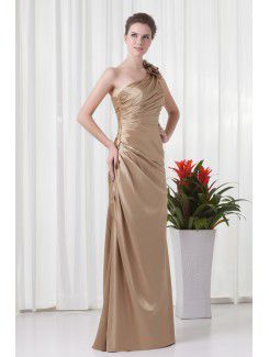 Satin Asymmetrical Sheath Floor Length Gathered Ruched Evening Dress