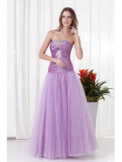 Net and Taffeta Strapless A-line Floor Length Directionally Ruched Evening Dress