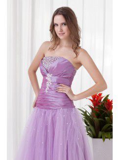Net and Taffeta Strapless A-line Floor Length Directionally Ruched Evening Dress