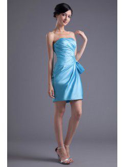 Satin Strapless Asymmetrical Short Gathered Ruched Cocktail Dress