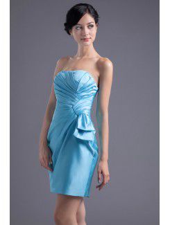 Satin Strapless Asymmetrical Short Gathered Ruched Cocktail Dress
