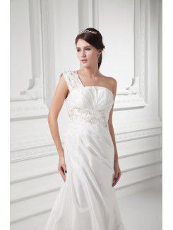 Taffeta One-Shoulder Sheath Sweep Train Embroidered Wedding Dress