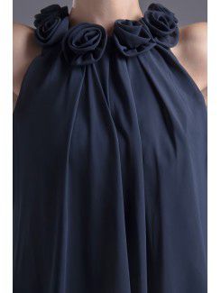 Chiffon Jewel Column Knee-Length Hand-made Flowers Cocktail Dress