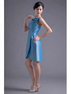 Taffeta One-Shoulder Column Knee-Length Hand-made Flower Cocktail Dress