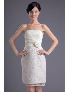 Satin and Lace Strapless Sheath Short Hand-made Flower Cocktail Dress