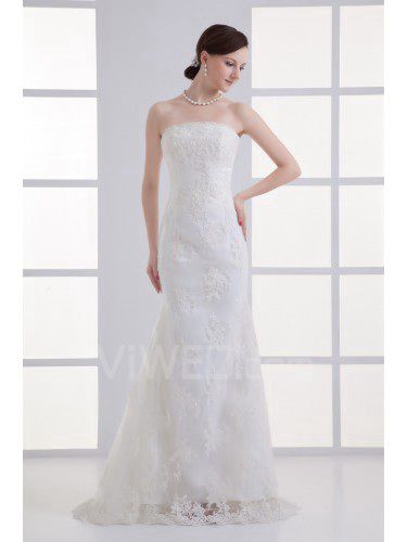 Satin and Net Strapless Sheath Floor Length Embroidered Wedding Dress