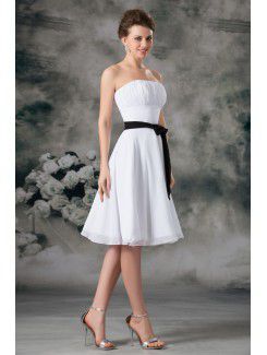 Chiffon Strapless Knee Length Column Sash Short Wedding Dress