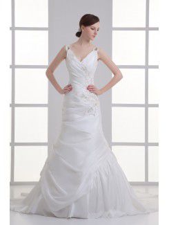 Taffeta V-Neckline Sheath Sweep Train Embroidered Wedding Dress