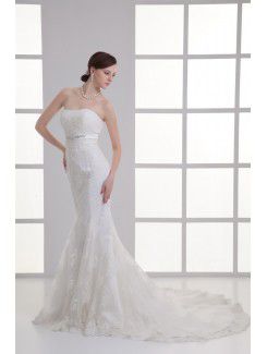 Satin and Net Strapless Sheath Sweep Train Embroidered Wedding Dress