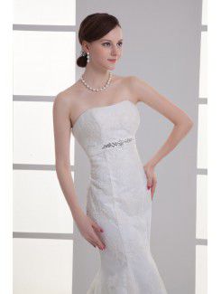 Satin and Net Strapless Sheath Sweep Train Embroidered Wedding Dress