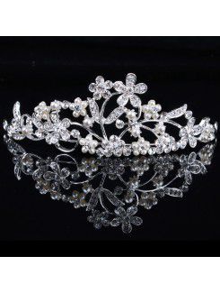 Flor de la aleación con la perla y diamantes de imitación tiara de la boda
