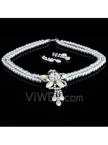 Flower Rhinestones and Pearls Ladies' Wedding Jewelry Set, Including Necklace and Earrings