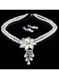 美しい ラインストーン 真珠 花 結婚式 宝石類ネックレス イヤリングセット