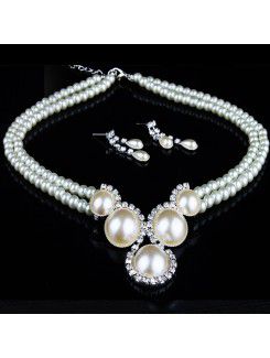 Diamantes de imitación de joyería de moda de la boda fijó con collar de perlas y pendientes