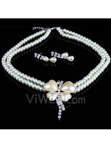 Strass og kjæreste perler bryllup smykker sett med halskjede og øredobber
