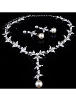 Fashion Wedding Jewelry Set-Rhinestones and Pearls Necklace,Earrings