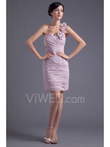 Chiffon One-Shoulder Sheath Short Crisscross Ruched and Hand-made Flowers Cocktail Dress