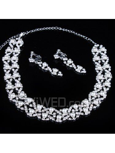 Shining Pearls and Rhinestones Wedding Jewelry Set, Including Earrings and Necklace