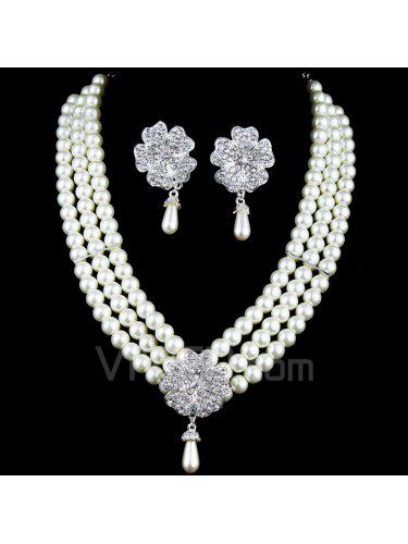 Strass blomst og perler bryllup smykker sett , inkludert øredobber og halskjede