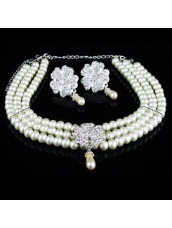 Rhinestones Flower and Pearls Wedding Jewelry Set,Including Earrings and Necklace