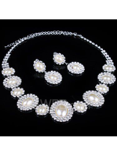 Beauitful Wedding Jewelry Set-Rhinestones and Pearls Necklace and Earrings