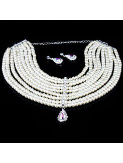 Gorgeous Wedding Jewelry Set-Pearls Necklace and Rhinestones Earrings