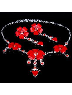 Red Zircons and Rhinestones with Alloy Wedding Jewelry Set, Including Earrings and Necklace