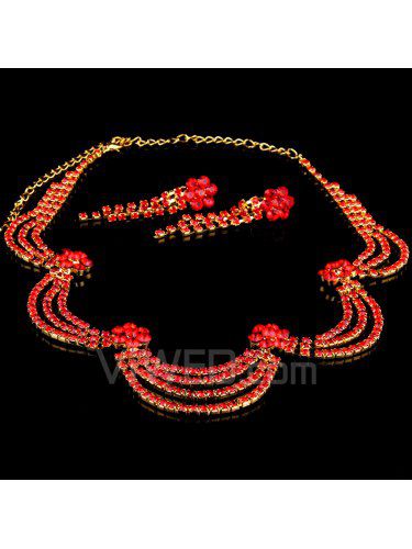 Røde rhinestones blomster og legering bryllup smykker sett , inkludert halskjede og øredobber