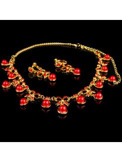 Röd strass och guld legering bröllop smycken set , inklusive halsband och örhängen