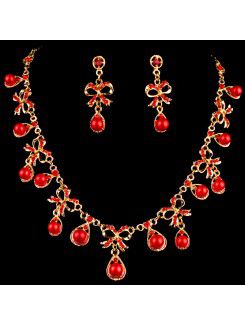 Red Rhinestones and Gold Alloy Wedding Jewelry Set,Including Necklace and Earrings
