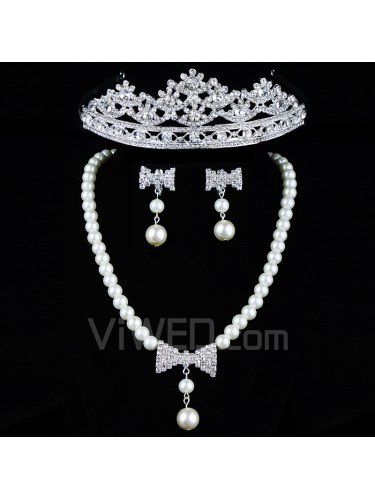 Vackra strass och pärlor med legering pläterad bröllop smycken set , inklusive örhängen , halsband och tiara
