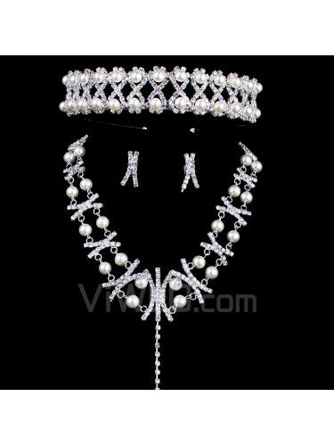 Neuen stil perlen und strass hochzeit schmuck-set, einschließlich halskette, ohrringe und tiara
