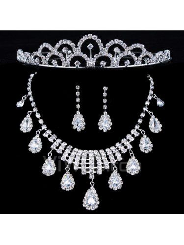 Liga de moda e strass jóia do casamento conjunto com brinco, colar e tiara