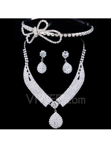 Smukke legering bryllup brude smykker sæt med rhinestones øreringe, halskæde og tiara