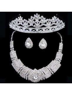 Gorgeous Wedding Jewelry Set-Rhinestones with Alloy Earrings,Necklace and Headpiece