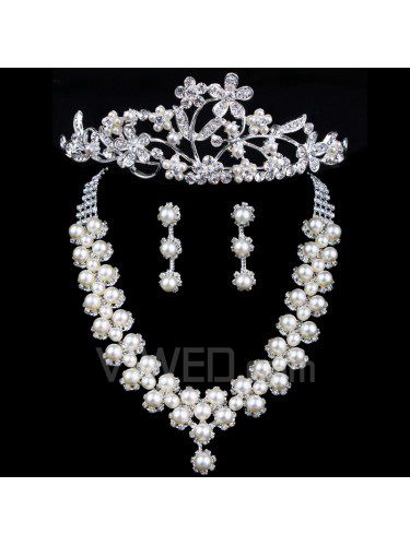 Gorgeous Rhinestones and Pearls with Alloy Plated Wedding Jewelry Set,Including Earrings,Necklace and Headpiece